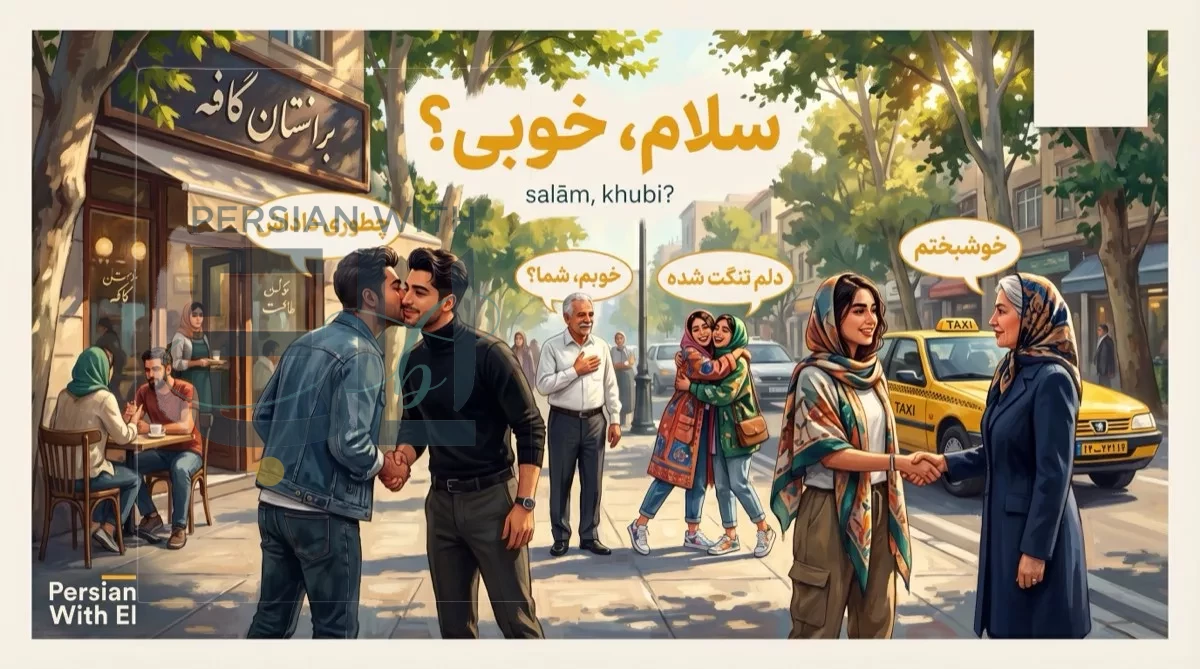 Tehran sidewalk scene with four simultaneous Iranian greetings happening — cheek kiss between two young men hand shake between women hug between friends and chest-hand greeting — with Persian speech bubbles showing chetori dadash khoshbakhtam khubam shoma and delam tangat shode