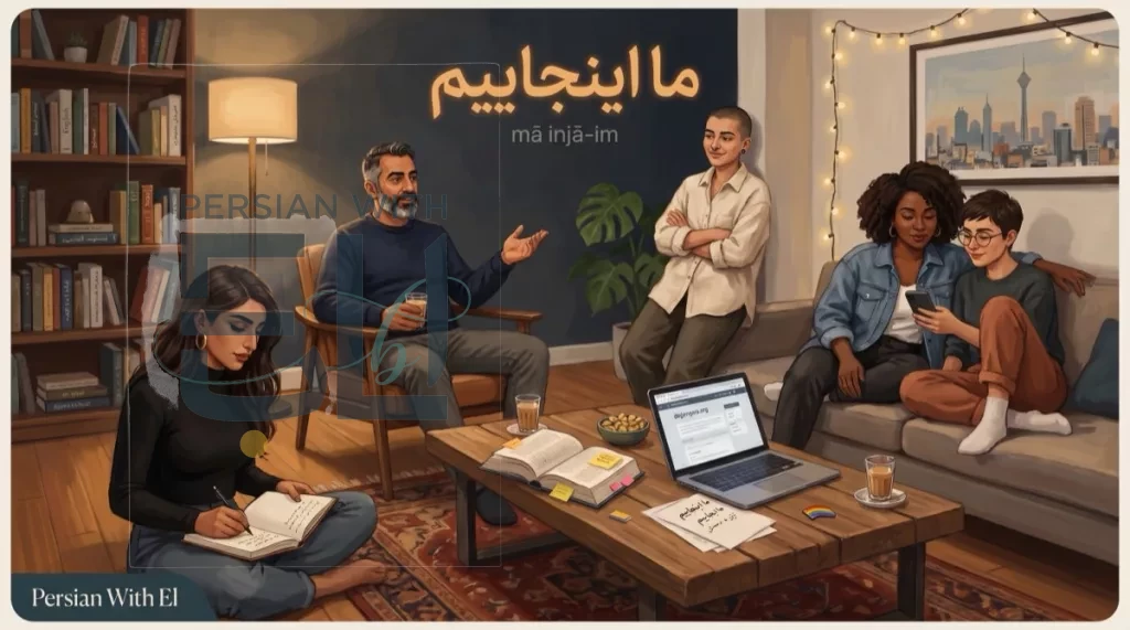 Five diverse Iranian queer people gathered in a modern diaspora apartment living room with a Persian dictionary, laptop showing dojensgara.org, chai glasses, and scattered papers with Persian LGBTQ terms crossed out and circled, hero text reading ma inja-im meaning we are here in warm amber Nastaliq