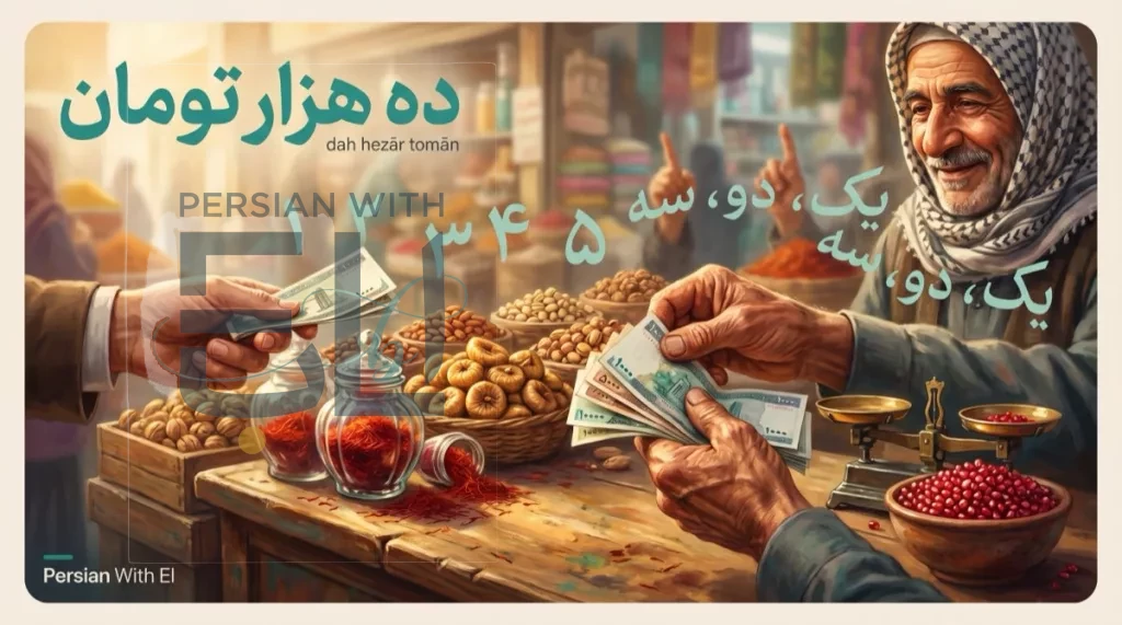 Tehran bazaar scene with saffron vendor counting tomans with a customer, Persian numerals floating over saffron and pomegranate stalls, illustrating Persian numbers and counting in Farsi
