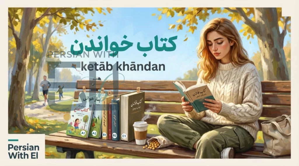 Young Iranian woman with fair complexion reading on a Tehran park bench in autumn with a stack of five Persian books labeled from A1 beginner to C1 advanced beside her, illustrating Persian reading practice across CEFR levels