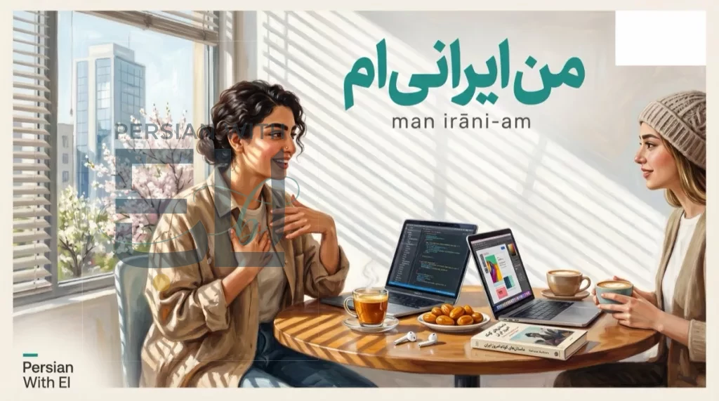 Two young Iranian women without hijab at a Tehran coworking cafe with dual MacBooks showing code and design work, one gesturing at her chest saying man irani-am, illustrating the Persian to be verb