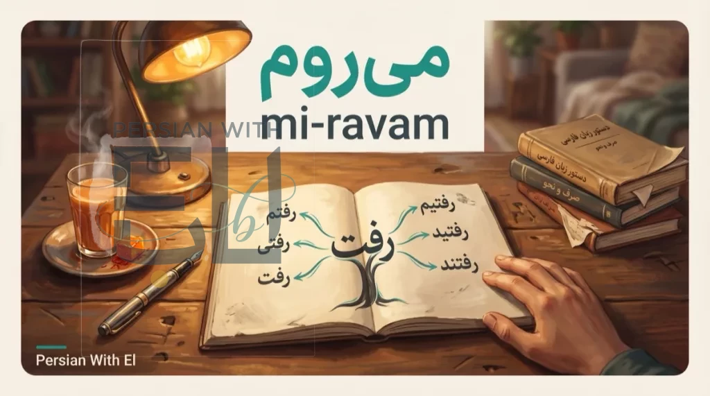 Warm study desk with a notebook showing the Persian verb raft drawn as a tree stem with six conjugated branches raftam rafti raft raftim raftid raftand, relieved student hand resting on page, illustrating Persian verb conjugation made simple