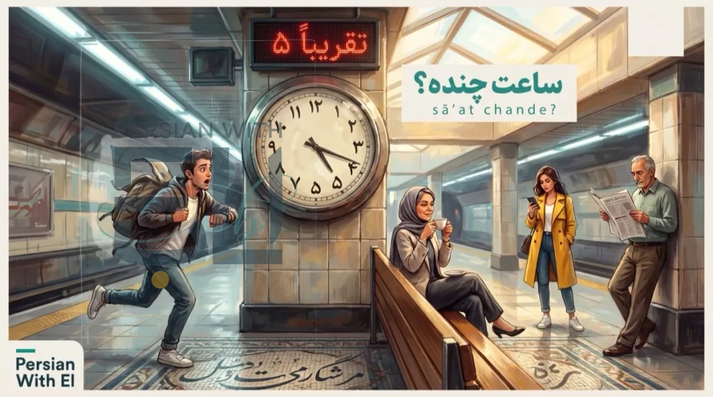 Tehran metro station platform with a vintage station clock showing Persian numerals and LED display reading almost five in Persian, a runner panicking while other commuters wait calmly, illustrating the cultural reality of Iranian almost on time