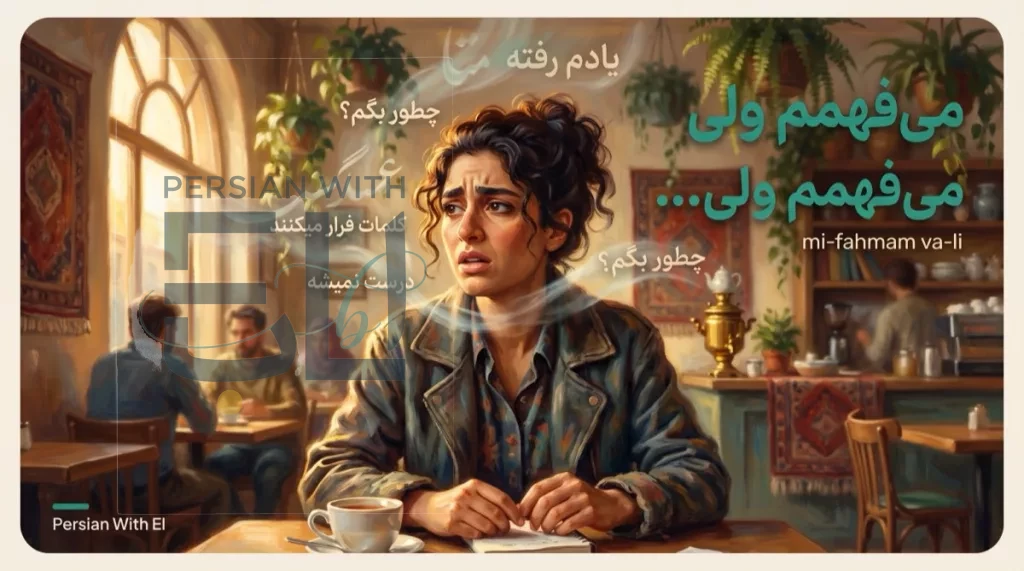 Heritage speaker in a warm cafe with Persian phrases floating in the air around her, illustrating the frustration of understanding Farsi but being unable to speak it
