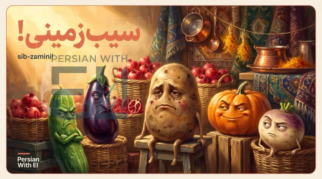 Council of insulted Iranian vegetables in a Tehran bazaar — a wounded-royal potato at center with cucumber, eggplant, pumpkin and turnip reacting, illustrating Persian vegetable insults including sib-zamini