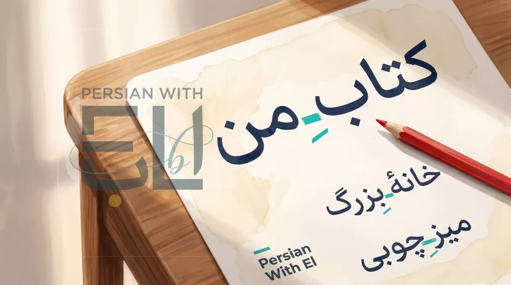 Persian ezafe exercise worksheet showing ketab-e man with the invisible ezafe vowel highlighted in teal between noun pairs