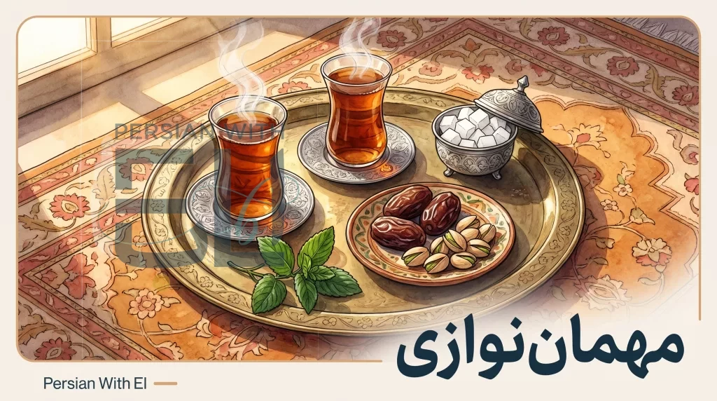 Traditional Iranian tea tray with estekan glasses, sugar cubes, dates, pistachios, and a mint sprig on a Persian carpet