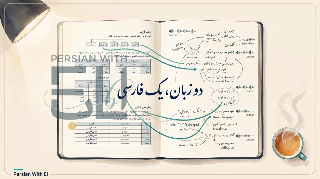 Open notebook visualizing Persian's ketabi vs mahavere split — formal written Persian on left page, handwritten spoken Persian on right, connected by a thin teal thread