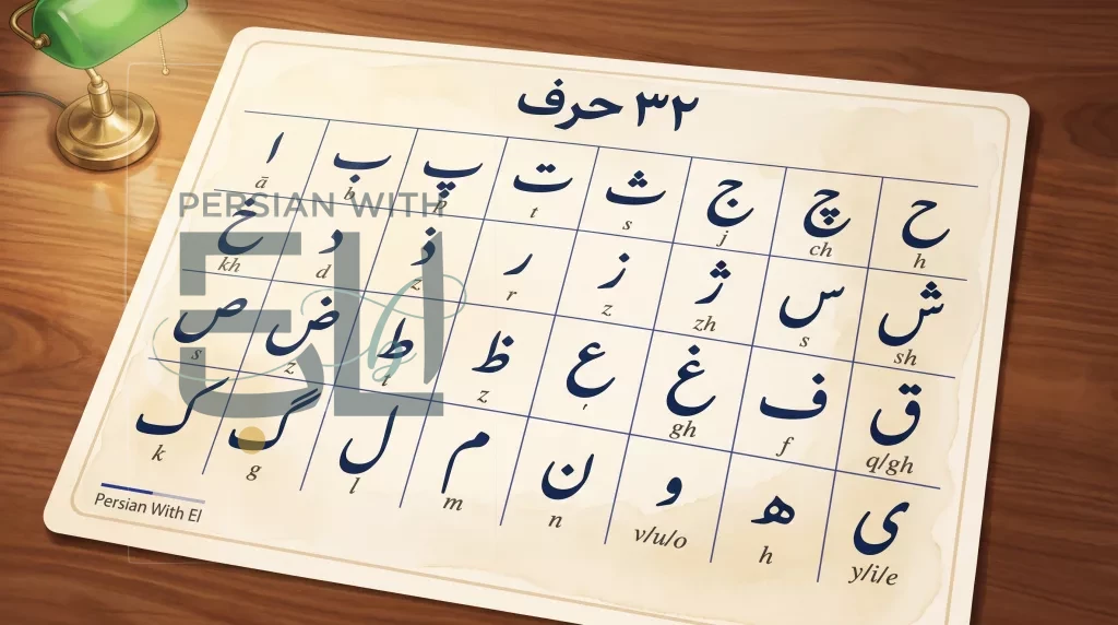Persian alphabet chart with 32 letters in Nastaliq calligraphy arranged in a clean reference grid