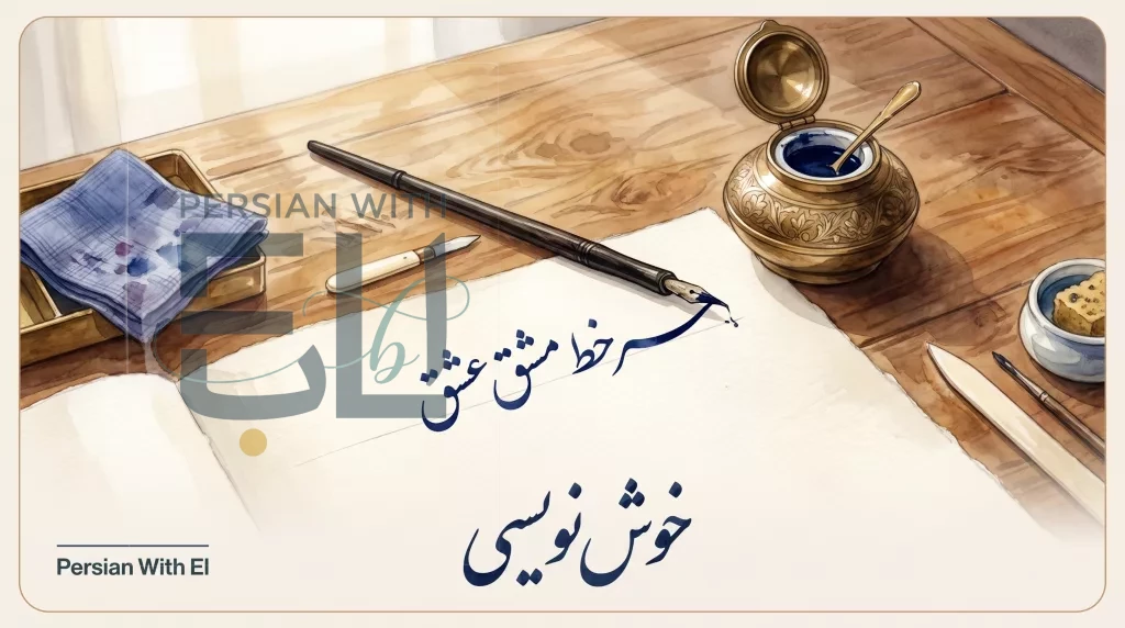 Calligrapher's desk with reed pen (qalam), inkwell, and partial Nastaliq calligraphy on cream paper