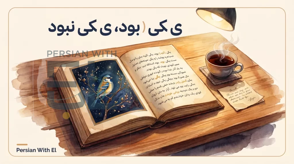 Open Persian fable book with small miniature illustration on left page and Nastaliq text on the right, beside a tea cup