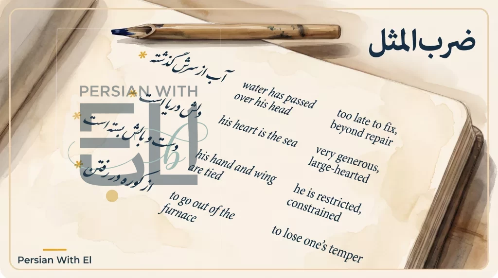 Handwritten Persian notebook page with idioms in Nastaliq and their literal and figurative English translations