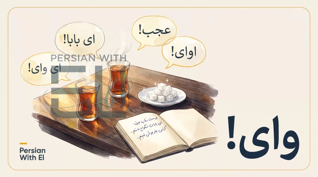 Tehran café scene with floating Persian-script speech bubbles of common interjections: Vay! Ey Baba! Ajab!