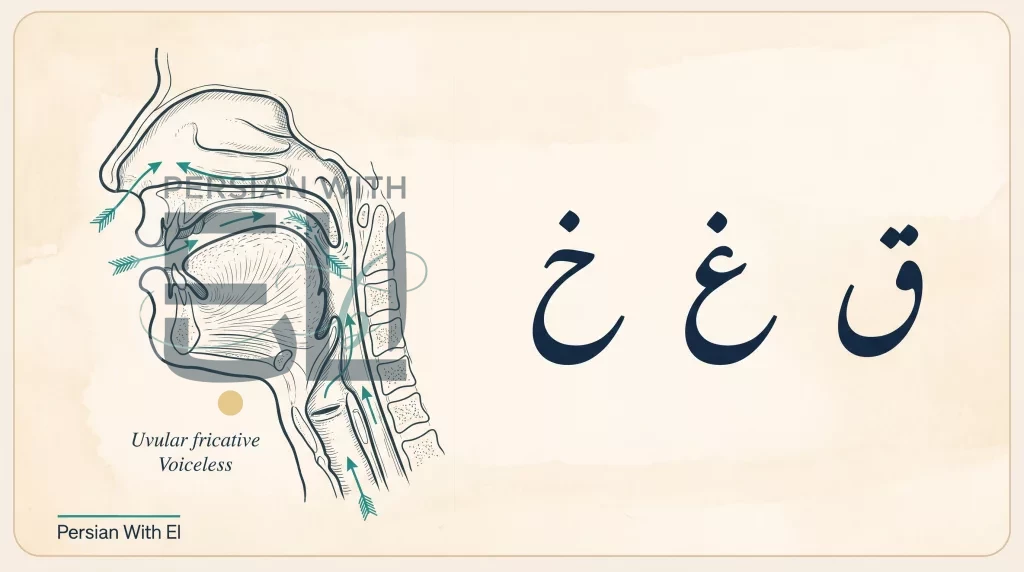 Anatomical mouth diagram showing tongue position for the Persian sounds kh, gh, q with airflow arrows