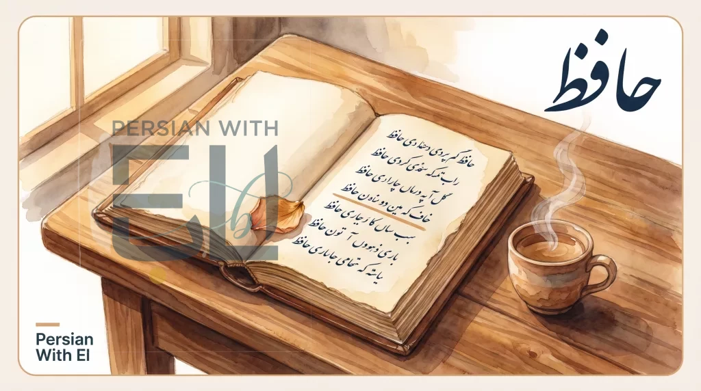Open Divan of Hafez on a wooden table with a verse highlighted, a clay teacup, and a dried-rose-petal bookmark