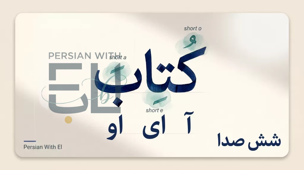 Persian word ketab with the three invisible short-vowel diacritics rendered as ghost teal marks above the letters