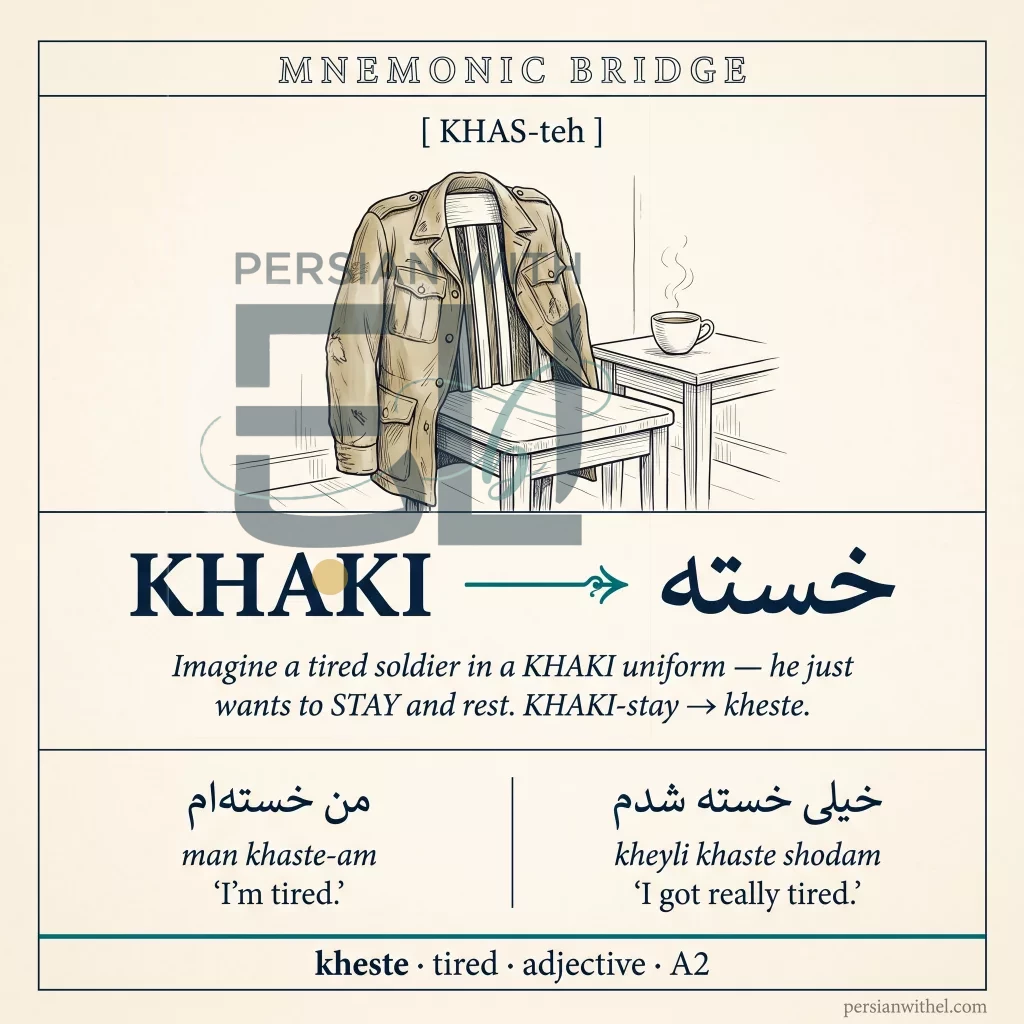 Glossary mnemonic bridge card for khaste (tired) using the keyword "KHAKI" — picture a khaki uniform on a chair, suggesting end-of-day fatigue. Hero text: خسته.