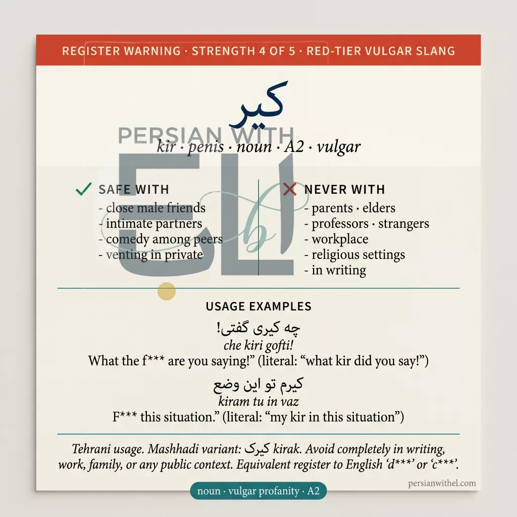 Glossary register-utility card for kir (red-tier Persian vulgar slang). Warning bar, headword with English meaning, SAFE WITH / NEVER WITH columns, two real usage example sentences.