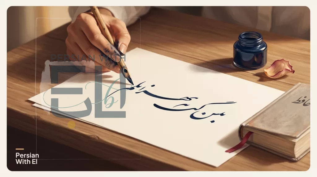 Calligrapher's hand with qalam above Nastaliq calligraphy sheet beside Divan of Hafez — editorial illustration for Hafez tattoo quotes