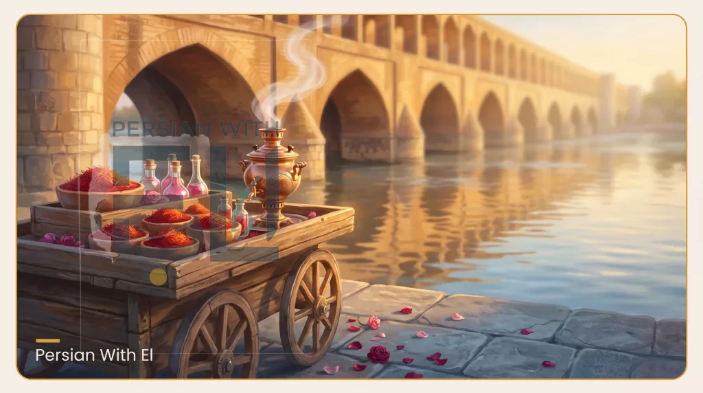 Isfahan Si-o-se Pol bridge at golden hour with saffron cart and samovar — Persian vocabulary page