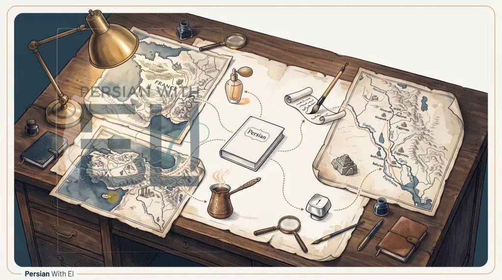 Cartographer's desk with Silk Road maps showing etymology routes — editorial illustration for Persian etymology post