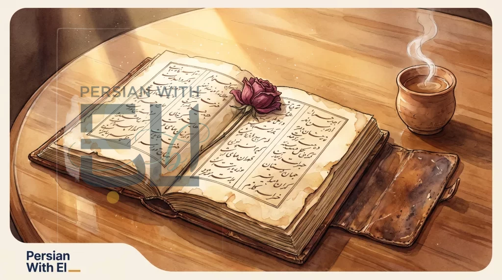 Open Divan of Rumi beside a clay teacup and dried rose — editorial illustration for Rumi couplets page