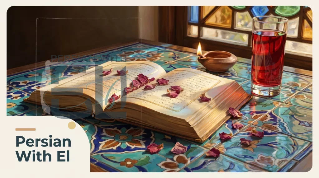 Hafez Divan poetry book on Shirazi tile table with pomegranate juice and rose petals — Persian vocabulary page