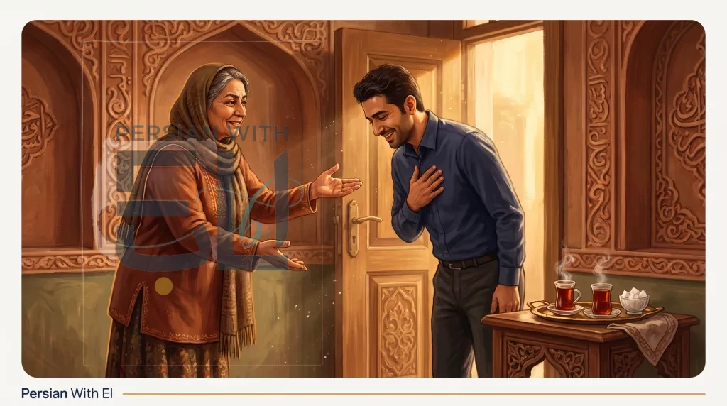 Two Iranians performing taarof at a doorway — editorial illustration for Iranian social etiquette guide