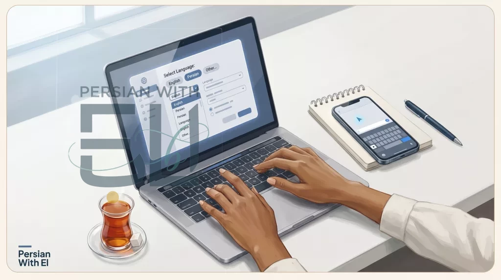 Hands setting up a Farsi keyboard on laptop and phone — editorial illustration for Farsi keyboard setup guide